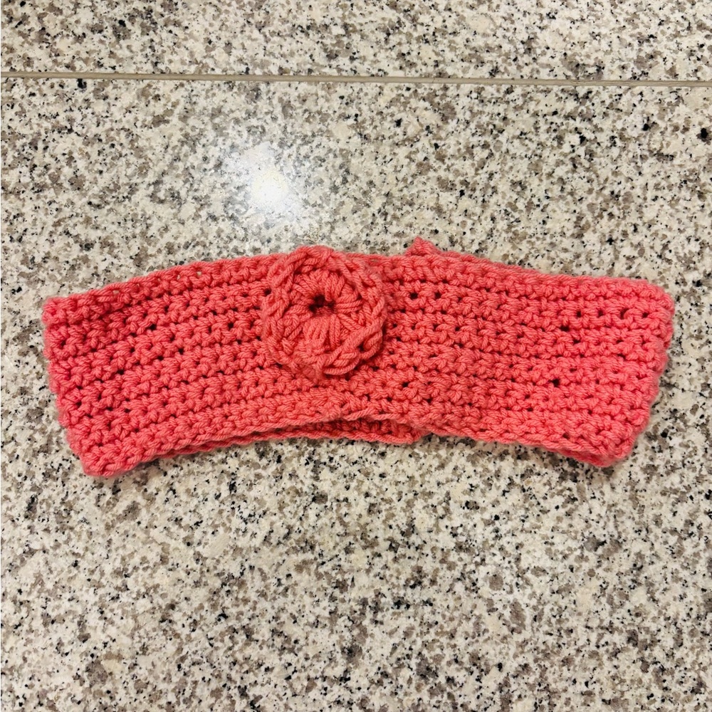 HANDMADE Handcrafted Pink Crochet Headband With Flower Detail, See Measurements